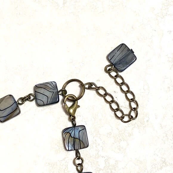 Rainbow Abalone Pendant & Dark Blue Mother of Pearl Bronze Link Long Necklace - Picture 12 of 15